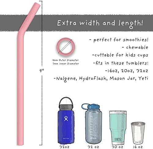 Reusable Silicone Drinking Straws - Big Size with Curved Bend for Tumblers Made from BPA Free No-Rubber Silicon - Flexible, Collapsible, Chewy, Bendy, Safe for Kids/Toddlers