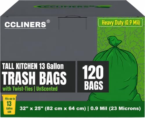 Tall Kitchen Trash Bags 13 Gallon (120 Bags) Medium Green Garbage Bag 55 Liter Can Liners Portable Camping Toilet Bags (120 count)
