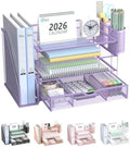 WALI Desk File Organizer, 4 Tier Desktop Paper Letter Tray Organizer with Drawer and 2 Pen Holders, Office Desk Accessories & Workspace Organizers for Office, Home Supplies(DO005DH-V), 1 Pack, Purple