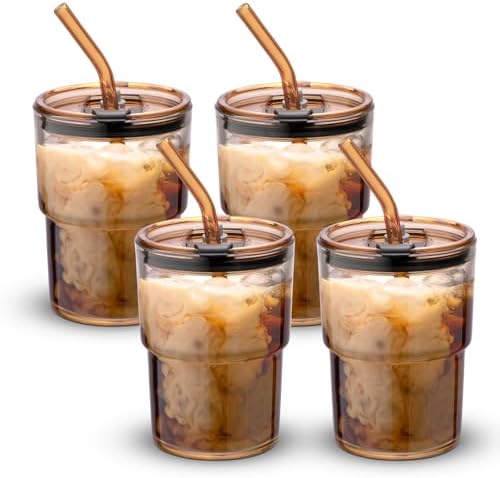 BLUEPOLAR 13 oz Tumbler Water Glass, Water Bottle with Straw and Dustproof Lid, Coffee Ice Cup Double Wall Insulated Glass Cup (Amber-4pack)