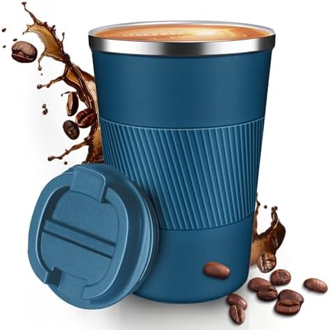 12OZ Travel Coffee Mug Insulated Coffee Cup with Spill Leak Proof Lid, Portable Stainless Steel Tumbler Reusable Hot and Cold Water Mug for Car, Daily, Camping- Blue