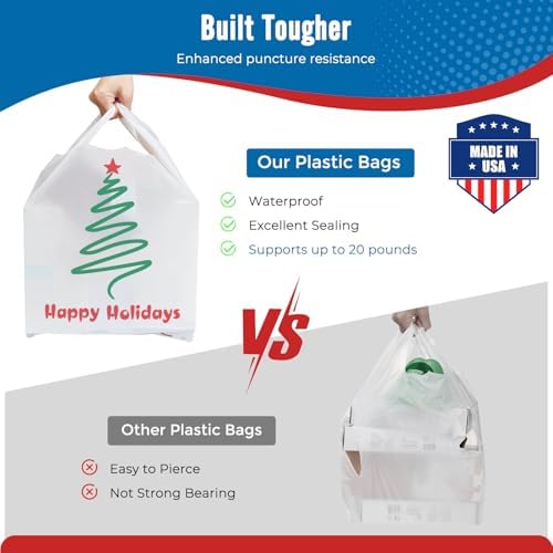 Fuxury 1000 Count Happy Holiday Christmas Tree Plastic Bags with Handles