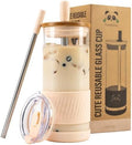 Pandaloo® Glass Cups With Lids and Straws -20 Fl Oz- Perfect Size Iced Coffee Cup - Smoothie Cup With Bamboo Lid and On the go Lid - Glass Tumbler With Straw (1 Count (Pack of 1), Vanilla Cream)