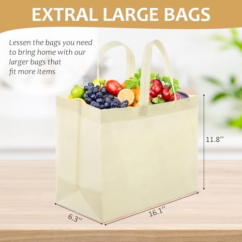 50 Pcs 50 Pcs Reusable Tote Bag with Handles Bulk 16.1'' X 6.3'' X 11.8'' Extra Large Non Woven Grocery Shopping Bags for Boutiques Retail Store(Beige)