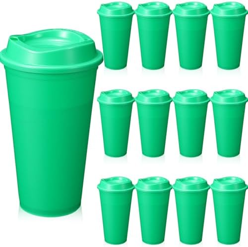 12 Pcs 16 Oz Reusable Coffee Cups with Lids - Plastic Travel Hot Cups Bulk Coffee Tumblers for DIY Hot Cold Drinks Party Favors Coworker (Green)