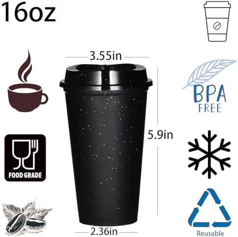 16oz Reusable Plastic Coffee Cups with Lids, 13 Pack