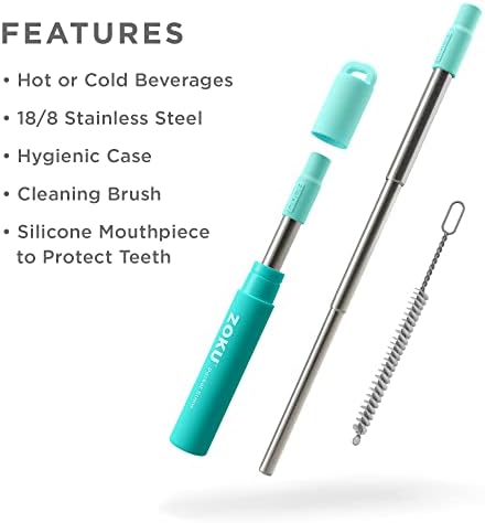 Zoku Reusable Metal Straw with Case, Collapsible Travel Straw - Teal