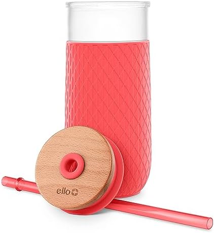 Ello Devon 18oz Glass Tumbler with Straw & Lid for Iced Coffee, Coral