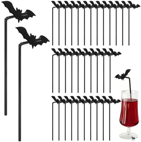 JANYUN 40 Pcs Black Halloween Straws Plastic with Glitter Bat Toppers