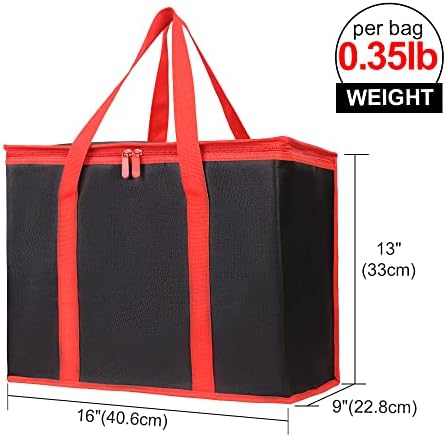 Bodaon 2-Pack Insulated Reusable Grocery Shopping Bags, X-Large Picnic Cooler Bag with Zipper Zippered Top Cold, Black with Red Edge