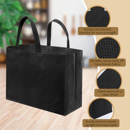 50 Pcs Reusable Tote Bag with Handles Bulk Extra Large Non Woven Grocery Shopping Bags for Boutiques Retail Store(Black)