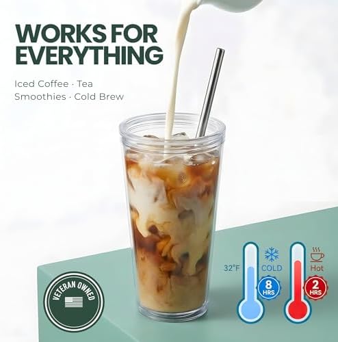 Reusable Iced Coffee Cup with Lid and Straw, 24 oz/Venti, BPA-Free Double-Wall Insulated Plastic Tumbler for Cold Drinks, Includes Clear Plastic Straw, Stainless Steel Straw and Cleaning Brush, Black