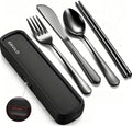 Travel Utensils with Case, Stainless Steel Portable Cutlery Set for Camping Picnic, Lunch Box Silverware for Work, Reinforced Case with Snap-Lock Closure, Include Fork Spoon Knife Chopsticks, Black