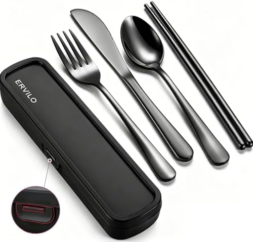 Travel Utensils with Case, Stainless Steel Portable Cutlery Set for Camping Picnic, Lunch Box Silverware for Work, Reinforced Case with Snap-Lock Closure, Include Fork Spoon Knife Chopsticks, Black