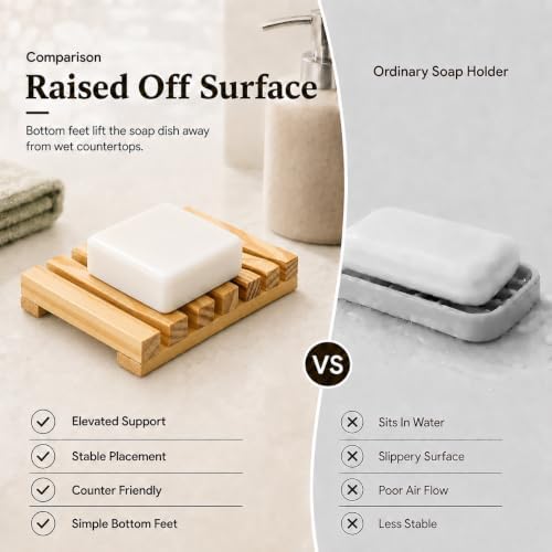 Bamboo Soap Dish for Bar Soap, Raised Wooden Holder with Drain Slots，Natural Pine Wood Soap Box
