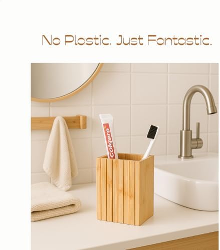 Fluted Bamboo Toothbrush Holder, Square Minimal Design