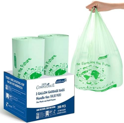 BEIDOU-PAC 100% Compostable Trash Bags, 3 Gallon Compost Bags Small Kitchen Trash Bags with Handle, 200 Count Sturdy Garbage Bags Food Scrap Waste Bags, ASTM D6400, US BPI Certified
