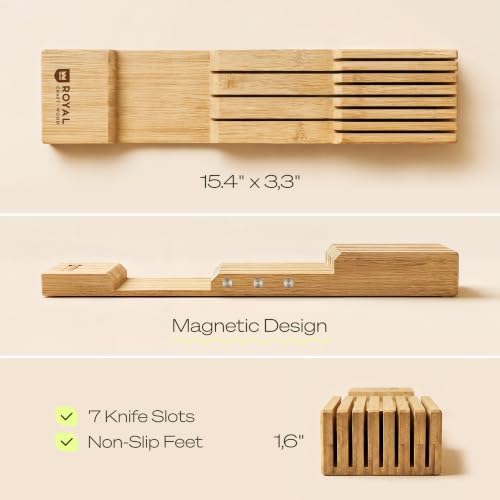 Drawer Organizer for Kitchen Organization – Expandable Bamboo Silverware Drawer Organizer with Removable Knife Block, Bamboo Cutlery, Non-Slip Utensil Organizer with 7-Slot Knife Storage for Flatware