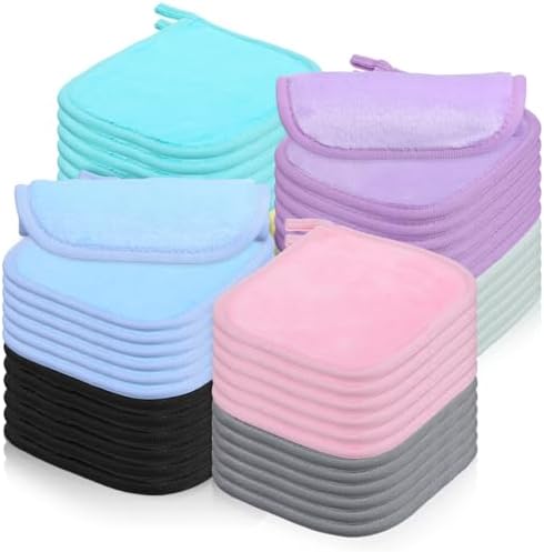 48 Pcs Makeup Remover Cloth Reusable Makeup Remover Pads Soft Microfiber Face Towels Facial Cleansing Cloths for Face Hand Eye Lips Bathroom Gift for Women 6.3 x 5.5 Inch(8 Colors)