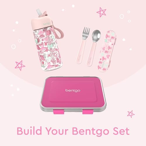 Bentgo Kids Stainless Steel Utensil Set - Reusable Fork, Spoon & Storage Case, PFAS- & BPA-Free, Easy-Grip Handles, Lightweight, Dishwasher Safe, School Lunch, Travel & Outdoors (NEW Ballet and Bows)