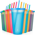 Meoky Plastic Color Changing Cups - 12 Pack 24 oz, Reusable with Lids and Straws for Adults, Kids, Parties, Cute Cold Cups for Iced Coffee