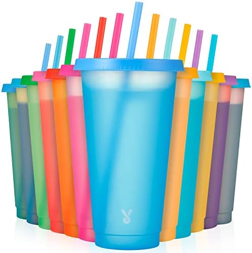 Meoky Plastic Color Changing Cups - 12 Pack 24 oz, Reusable with Lids and Straws for Adults, Kids, Parties, Cute Cold Cups for Iced Coffee