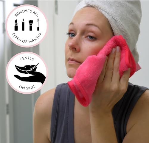 S&T INC. Makeup Remover Wipes for Skin Care, Reusable Makeup Wipes or Face Towels, Travel Essentials, Black and Pink, 8 In. by 16 In., 5PK