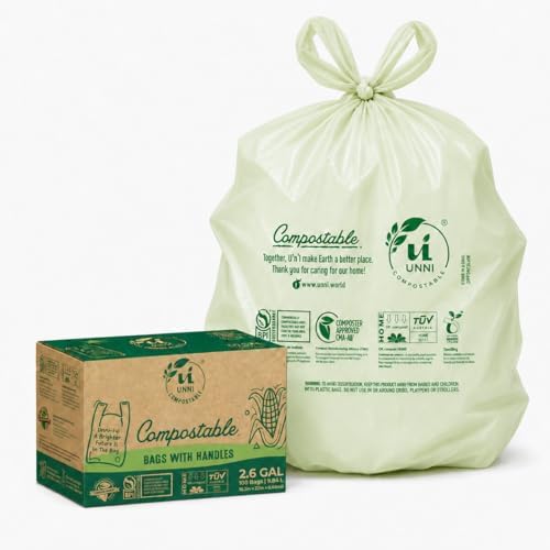 UNNI 2.6 Gallon Compostable Bags with Easy-Tie Handles, 10 Liter, 200 Count