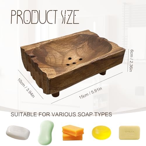 Natural Teak Wood Soap Holder, Automatic Draining Soap Tray with Drain Holes, Handmade Rustic Soap Dish & Countertop Soap Saver Stand for Bathroom and Kitchen