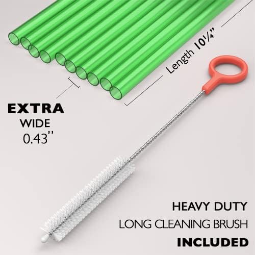 Fiesta First 10 EXTRA WIDE Long Reusable Hard Plastic Drinking Straws + Cleaning Brush - Fat Thick Large Jumbo Straws for Smoothies and Milkshakes - Green - Dishwasher Safe BPA Free