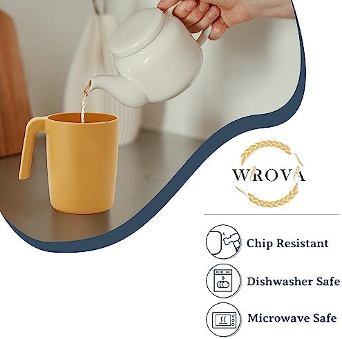 Wrova 16oz Wheat Straw Cups with handles set of 6-Plastic Cups Reusable-Unbreakable Kids Mugs-Dishwasher Safe & Microwave Safe-Ideal Mugs for Tea,Coffee,Camping,RV-Banana Yellow