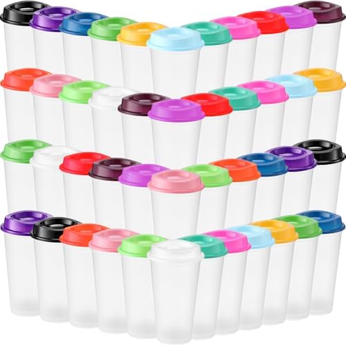 Honeydak 45 Pack 16 oz Reusable Coffee Cups with Lids Water Bottle Iced Coffee Travel Mug Portable Plastic Tea Tumblers Bulk for Hot and Cold Drinks Birthdays Party (Clear with Colors Lid,Classic)
