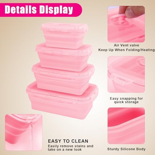 4 Pack Collapsible Silicone Food Storage Containers with Lids, Pink