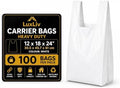 Reusable Heavy Duty White Plastic Shopping Bags with Handles, T-Shirt Grocery Carrier Bags, 12 x 18 x 24 Inch, HDPE Retail, Convenience Store & Takeout Bags, 100 Pack