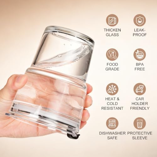 Mrsdry 12oz Iced Coffee Cup with Lids and Straws, BPA Free Reusable Glass Coffee Cups with Silicone Sleeves for Coffee, Iced tea, Thick Wall Glass Cup