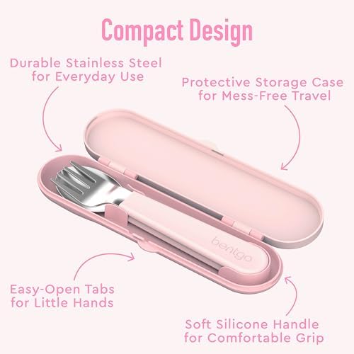 Bentgo Kids Stainless Steel Utensil Set - Reusable Fork, Spoon & Storage Case, PFAS- & BPA-Free, Easy-Grip Handles, Lightweight, Dishwasher Safe, School Lunch, Travel & Outdoors (NEW Ballet and Bows)