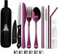 Taplord Portable Travel Silverware Set With Case, Includes 10 Pcs of Travel Utensils With Case, Stainless Steel Flatware Set For Camping, Lightweight (Purple)