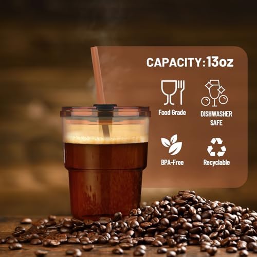 Luxfuel 13 oz Glass Cups with Lids and Straws Reusable Iced Coffee Tumbler