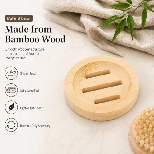 Bamboo Soap Dish for Bar Soap, Raised Wooden Holder with Drain Slots，Round Bamboo Soap Dish