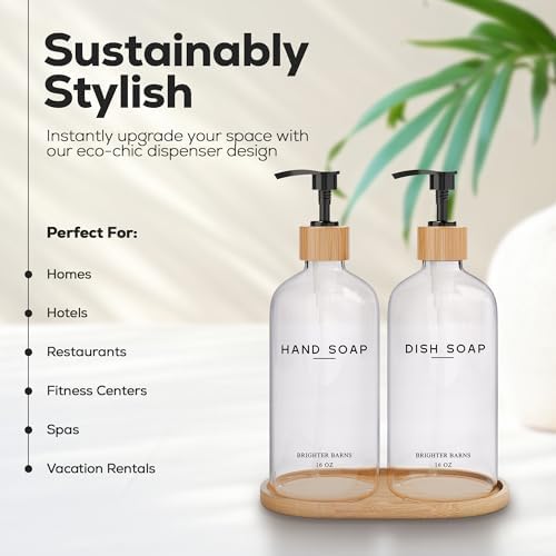 Clear Glass Hand and Dish Soap Dispenser Set by Brighter Barns - Kitchen Soap Dispenser Set with Bamboo Tray - Modern Kitchen Decor, Minimalist Decor (Clear)