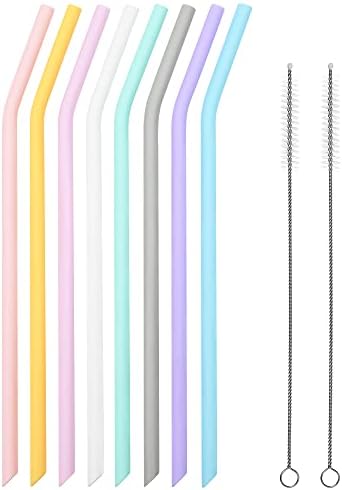 Reusable Silicone Drinking Straws, 8 Pcs Long Flexible Straws with 2 Cleaning Brushes for 20 and 30 oz Yeti/Rtic/Ozark Tumblers, BPA free, no Rubber Taste