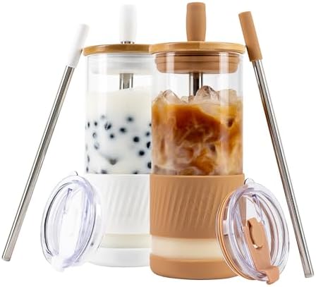 Pandaloo® Glass Cups With Lids and Straws -20 Fl Oz- Perfect Size Iced Coffee Cup - Smoothie Cup With Bamboo Lid and On the go Lid - Glass Tumbler (2 Count (Pack of 1), Amber Sand-Coton White)