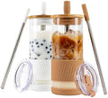 Pandaloo® Glass Cups With Lids and Straws -20 Fl Oz- Perfect Size Iced Coffee Cup - Smoothie Cup With Bamboo Lid and On the go Lid - Glass Tumbler (2 Count (Pack of 1), Amber Sand-Coton White)