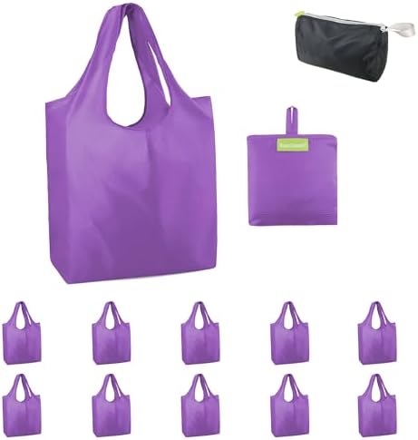BeeGreen Purple Reusable Grocery Bags Wholesale Purple Reusable Kitchen Bags Bulk Foldable-Machine Washable with Zipper Storage Pouch 10 Packs