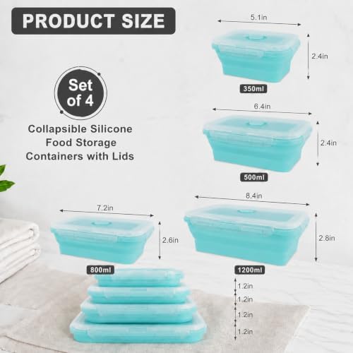 4Pcs Collapsible Food Storage Containers with Lid,Blue Square,4Size