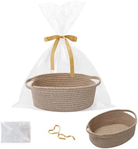 Woven Rope Basket,Baby Gift Basket with Bag & Ribbon, Mixed Brown