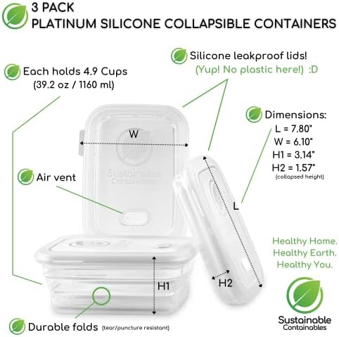 Premium Silicone Collapsible Food Storage Containers with Silicone Leakproof Lids, Platinum Food-Grade, BPA Free, LFGB Certified, Compact, Reusable Lunch Box, Microwave Safe, 4.9 Cups 3 Pk