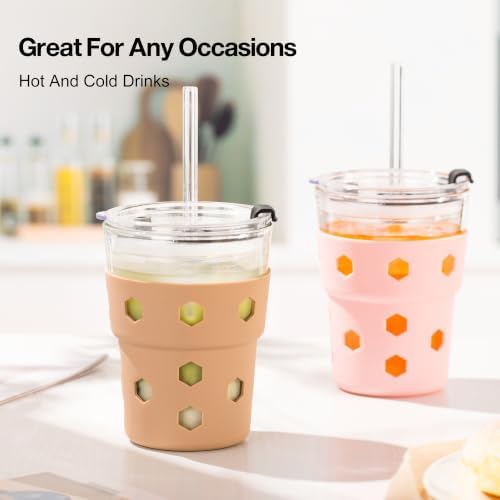 Mrsdry 12oz Iced Coffee Cup with Lids and Straws, BPA Free Reusable Glass Coffee Cups with Silicone Sleeves for Coffee, Iced tea, Thick Wall Glass Cup