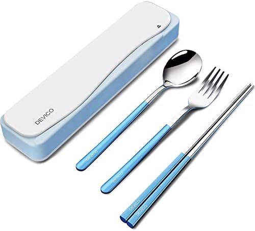 DEVICO Travel Utensils with Case, 4Pcs Portable Silverware Set for Work, 18/8 Stainless Steel Reusable Cutlery, Korean Spoon and Chopsticks Fork for Camping, School, Lunch Box Accessories (Blue)