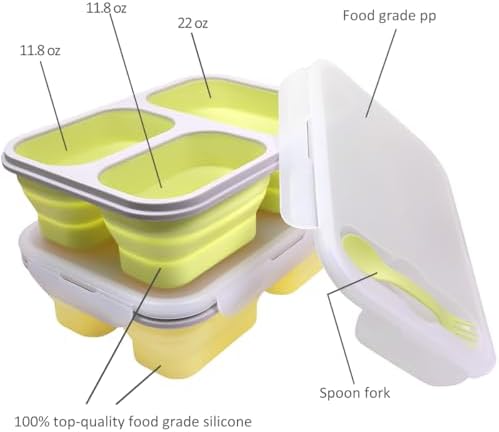 2 Pack Big Collapsible Silicone Bento Lunch Boxes With Lids spoons forks,3 Compartments, Divided Lunch Food Storage Containers, Safe in Microwave, Dishwasher and Freezer, 45.6oz (Yellow+Green)